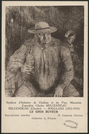 Une exposition des dessins de Charles Milcendeau à Soullans (non numérisées) : "Le gros buveur" (vue 1), "La maraichine" (vue 2), "L'enfant aux cerises" (vue 3) / Ligneron Challans phot. (vue 1).